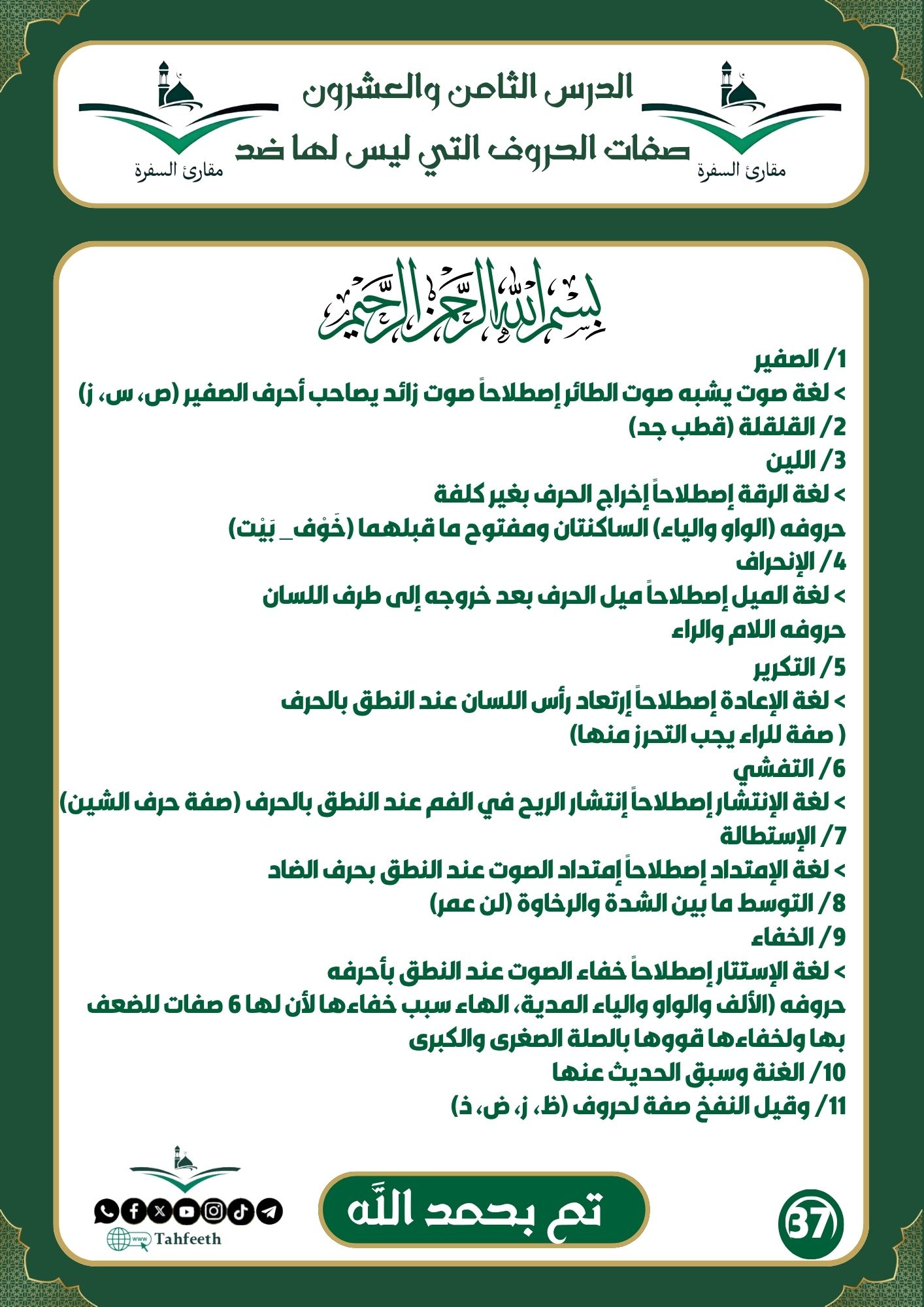 صفات الحروف التي ليس لها ضد